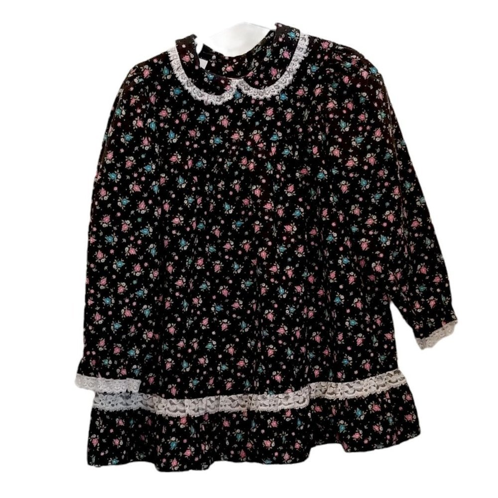 Vintage Winnie The Pooh Size 5 Black‎ Floral Prairie Dress Lace Trim Longsleeve